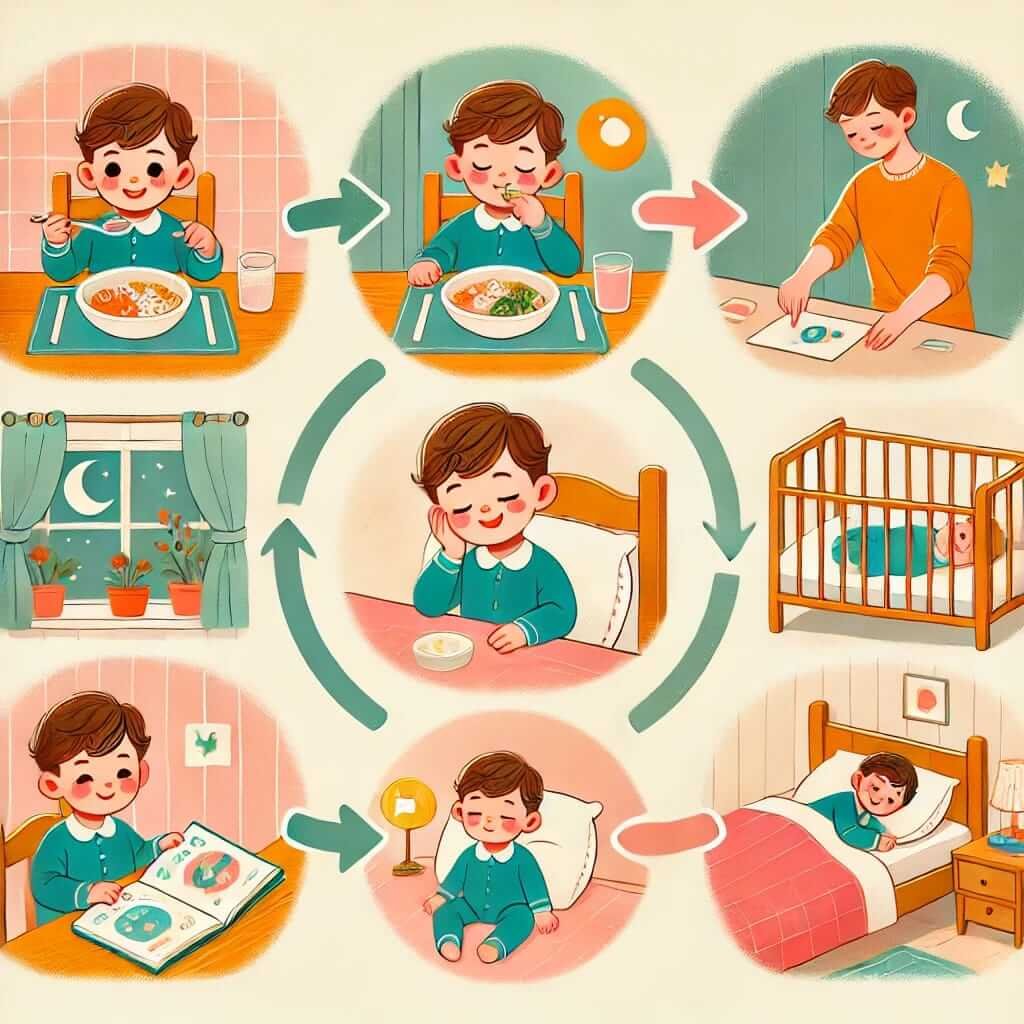 an illustration depicting a young child following a structured daily routine.