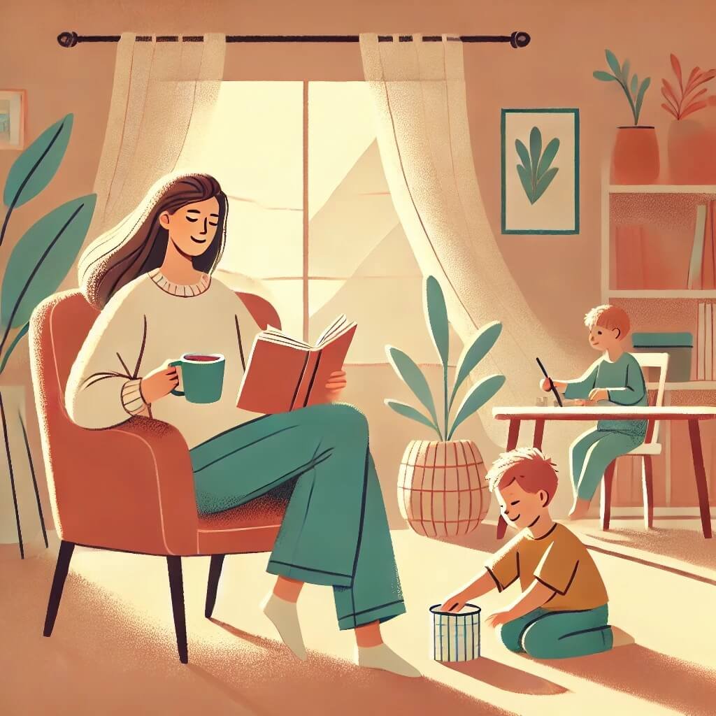 A warm and inviting illustration of a parent practicing self-care while their child plays nearby. The parent is sitting in a cozy chair with a book and a cup of tea, looking relaxed. A soft, calming atmosphere fills the room, with natural light coming through the window. In the background, the child plays happily with toys, feeling secure. The scene emphasizes balance, emotional well-being, and a positive family environment.