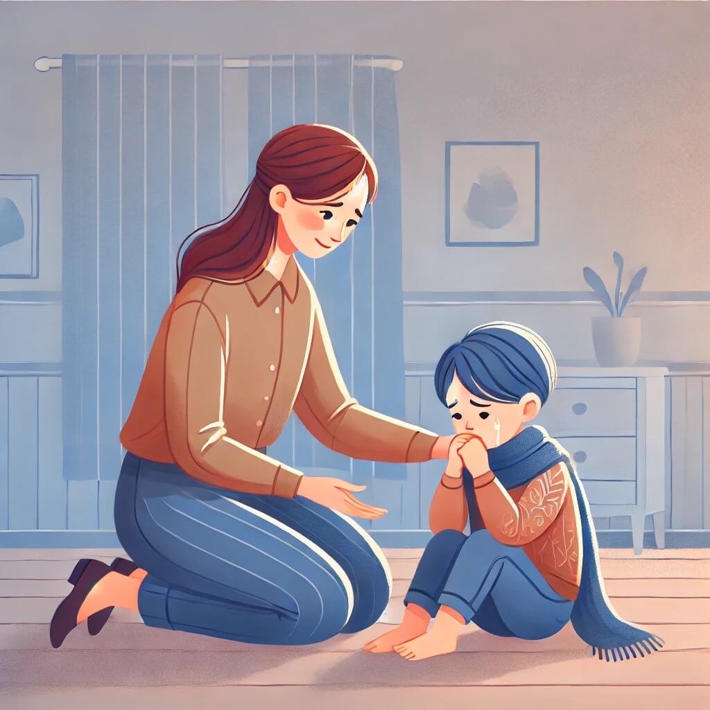 A heartwarming illustration of a parent calmly managing a child's tantrum with patience and understanding. The child, a toddler, is sitting on the floor crying with frustration. The parent is kneeling beside them with a gentle and empathetic expression, offering comfort while maintaining clear boundaries. The setting is a cozy home environment with soft lighting, emphasizing warmth and emotional connection. The scene conveys a positive and nurturing approach to handling tantrums.