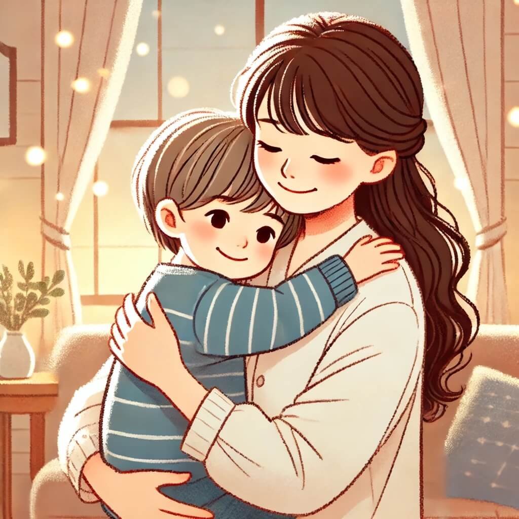 A heartwarming illustration of a young child hugging her mother tightly, conveying a sense of love and security. The mother has a gentle smile and is holding the child warmly, reassuring her. The background is a cozy home setting with soft, warm lighting, emphasizing the bond between them. The scene highlights emotional connection, trust, and the importance of secure attachment in early childhood.