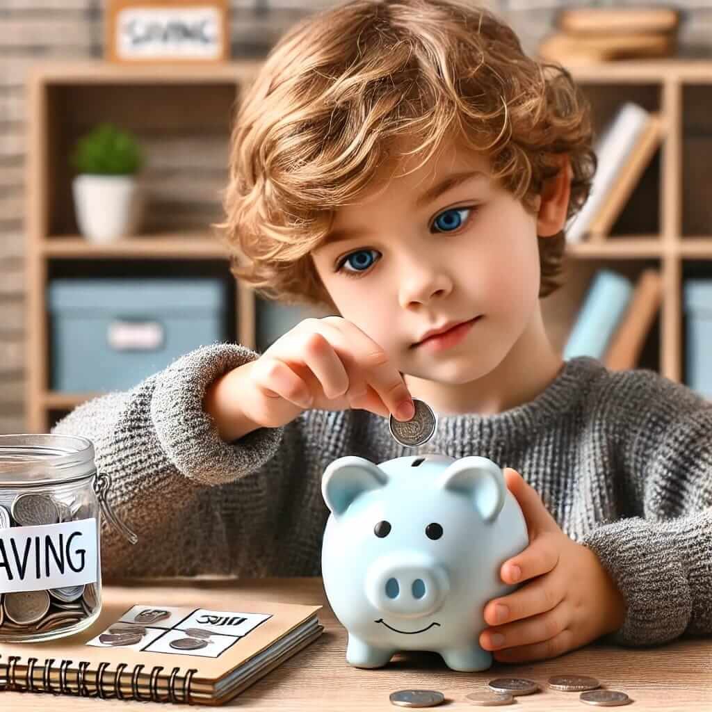 Image iillustration of a middle childhood parenting making them learn financial independence. In this image the boy is saving the money in a piggy bank. 