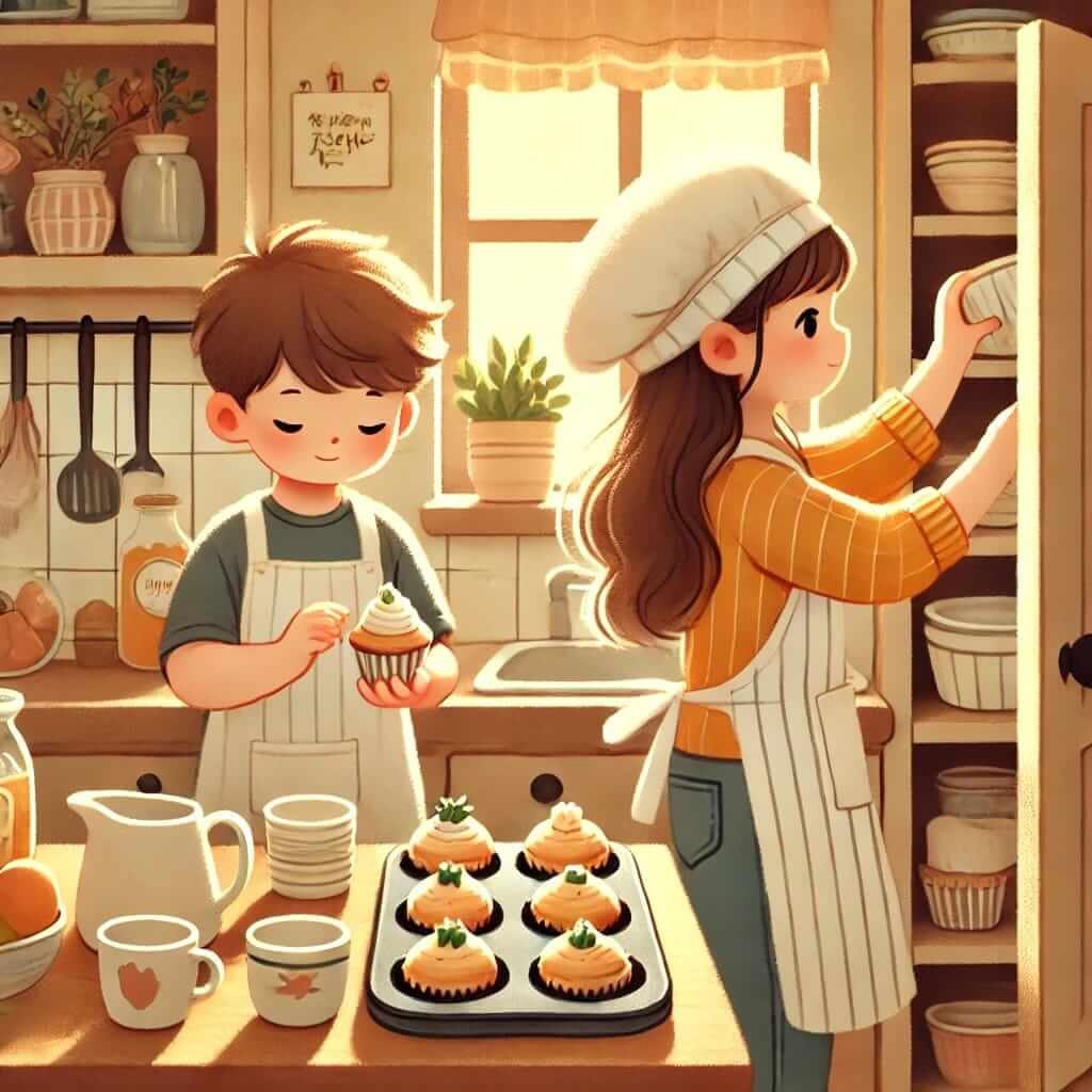 Image illustration of two kids, one kid baking and other kid replacing the dishes. this is important in middle childhood to inculcate sense of responsibility. 