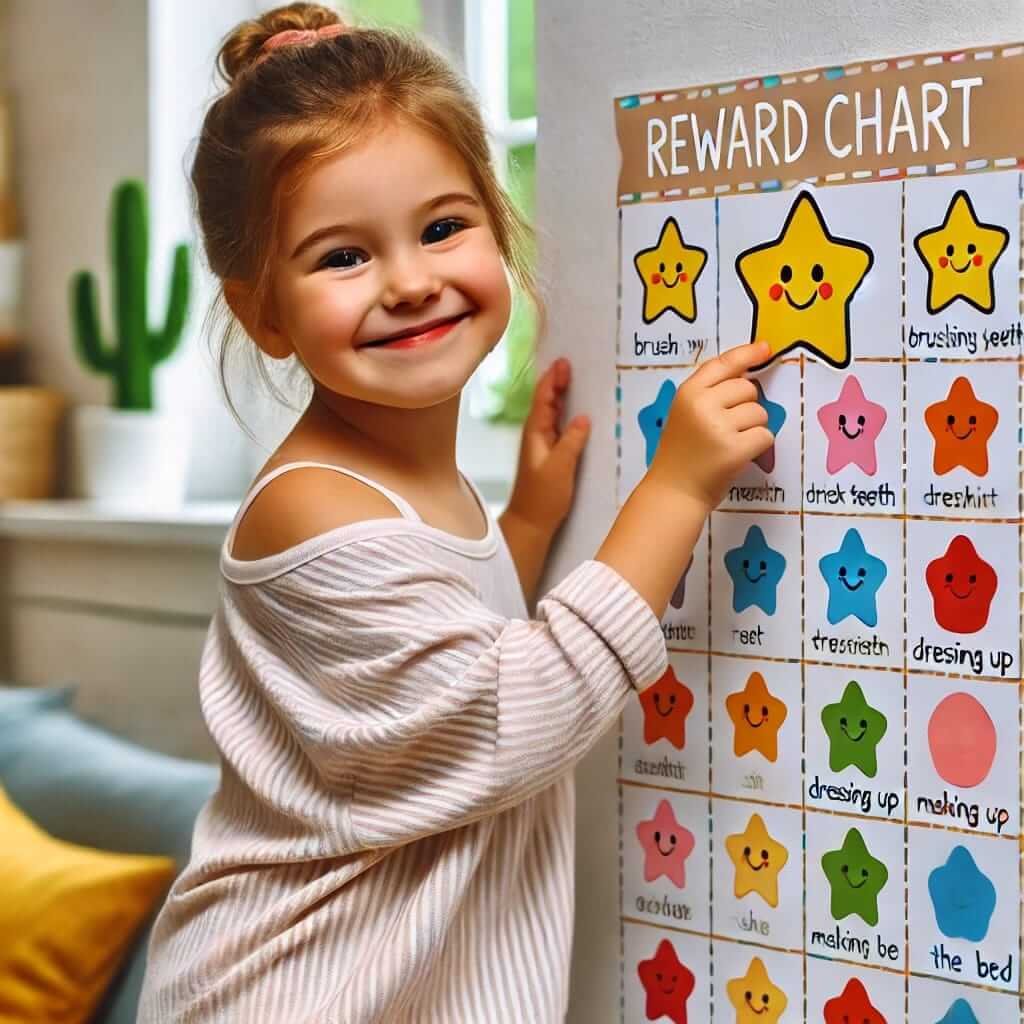 Image illustration of a girl showing the reward chart for appreciation of completing tasks. This is an important aspect in parenting a middle childhood child. 