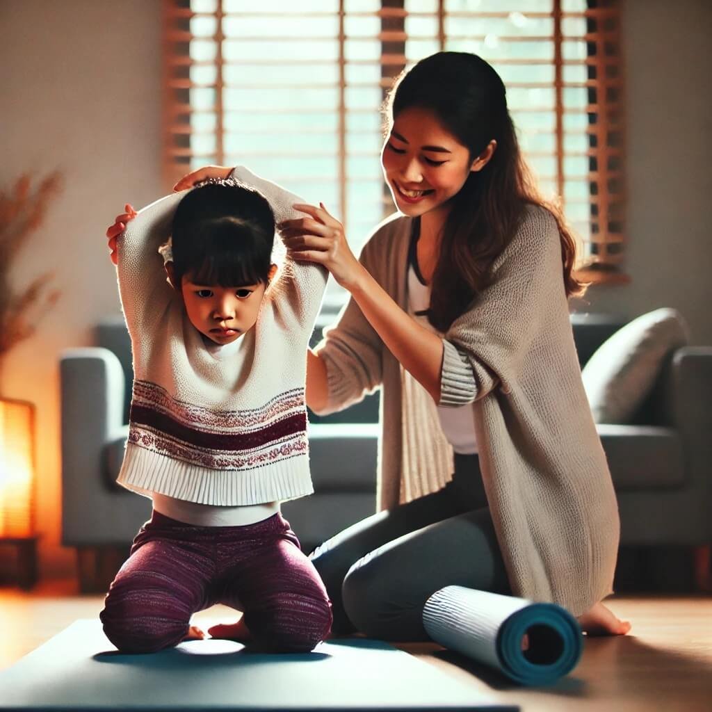 Image illustration of a mom helping her child in doing yoga pose when she is upset because of not mastering it. it is to encourage child to try new things with out the fear of failure. 