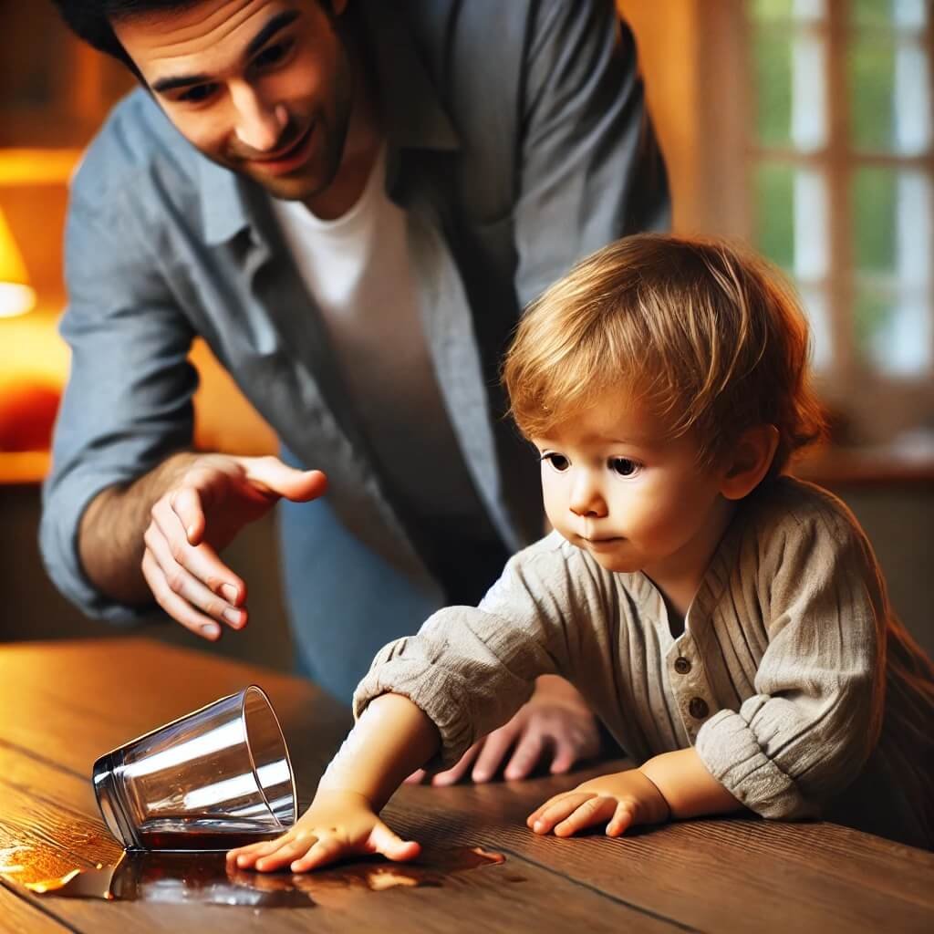 image illustration of the parent helping his child when spilled to encourage him that mistakes happen and it is okay. 