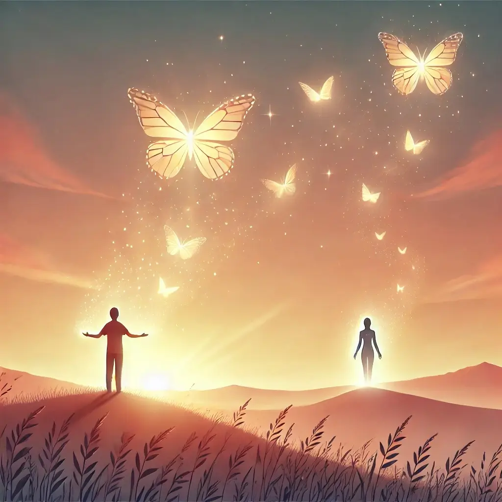 A peaceful and symbolic illustration of forgiveness and release. The image shows a person standing on a serene hilltop, arms open, releasing glowing butterflies into the sky, symbolizing the letting go of past pain. In the distance, a translucent figure representing the person they are forgiving fades gently into the horizon, signifying closure and understanding. It is important to strengthen your relationships.