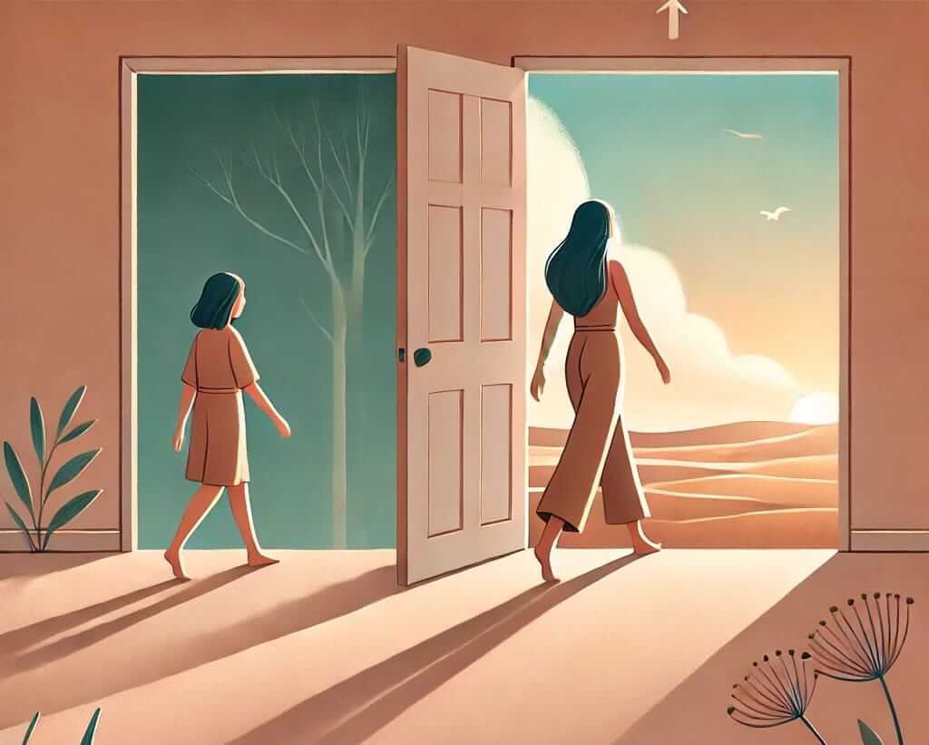 A minimalist digital illustration of a woman stepping out of a small, closed space into a vast, open landscape, symbolizing self-growth. The transition is marked by a door, with the area behind her being dark and confined, while the space ahead is bright, filled with nature and sunlight. The woman appears hesitant at first but gains confidence as she moves forward.Growth begins when you step outside your comfort zone' is elegantly placed in the sky area.