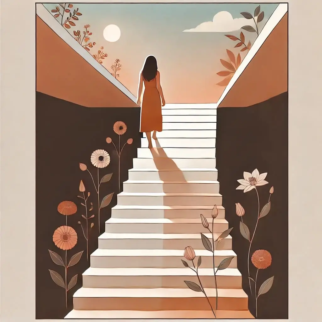 A minimalist digital illustration of a woman walking up a staircase, symbolizing self-growth. The staircase leads from a dark, confined space at the bottom to an open, bright area filled with flowers and sunlight. The woman is depicted in different stages: hesitant at the bottom, pausing in the middle, and confidently reaching the top. Soft pastel colors, warm earthy tones, and a calming aesthetic. The quote 'You are allowed to outgrow the version of you that no longer fits' is elegantly placed in the sky area.
