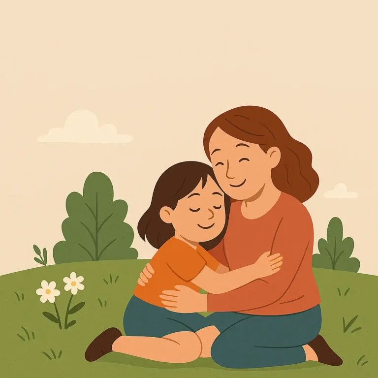 Image illustration showing slow parenting, a mother hugging her daughter being present.