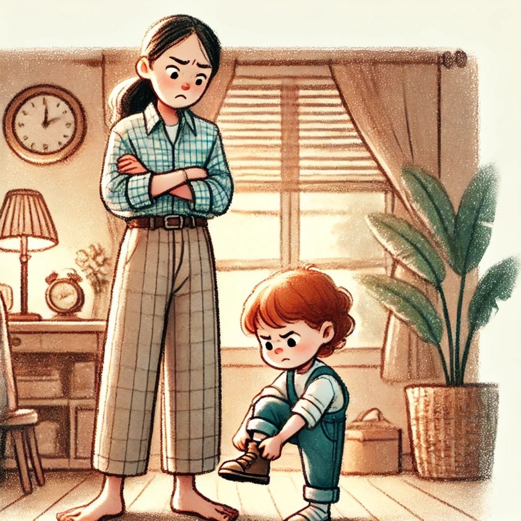 Parent over correcting how to tie the shoe lace and sending a message to the kid that he is not worth.