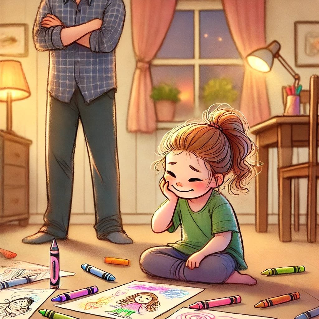 father angry with the kid for making a a mess of colours.