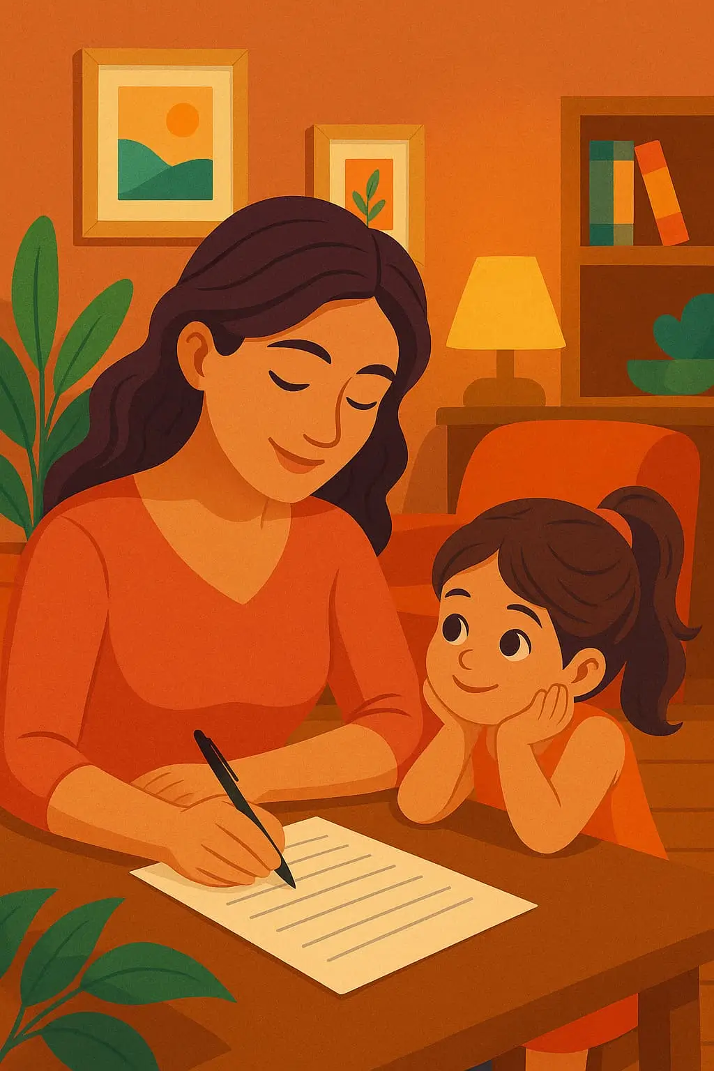 Image illustration of a mother and daughter, where mother is writing a letter to her daughter about life lessons for her future.