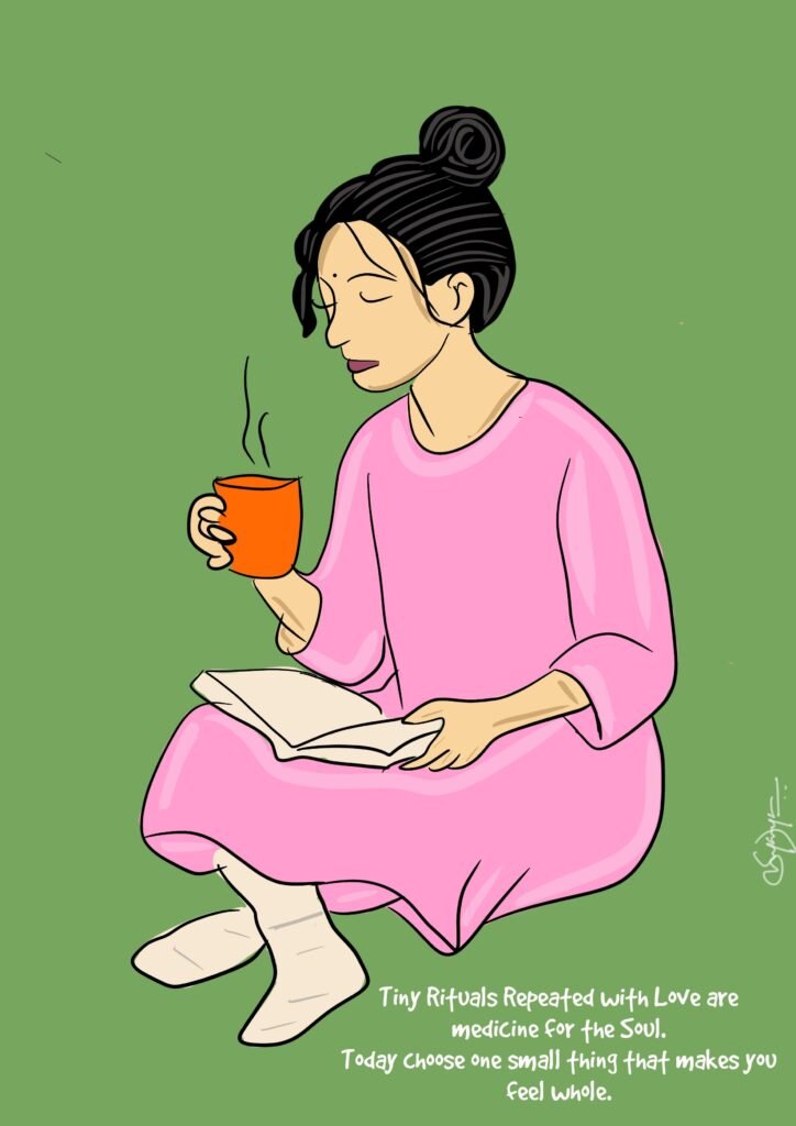 image illustration of a girl, a book and a chai