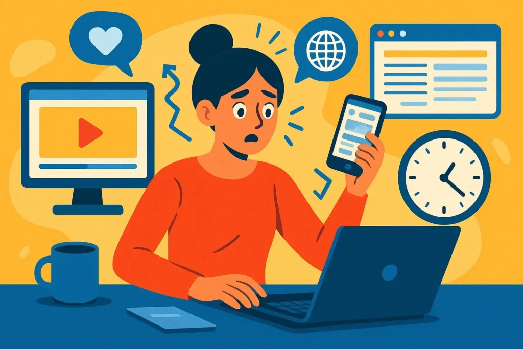 Image illustration of a girl having burnout because of multitasking.