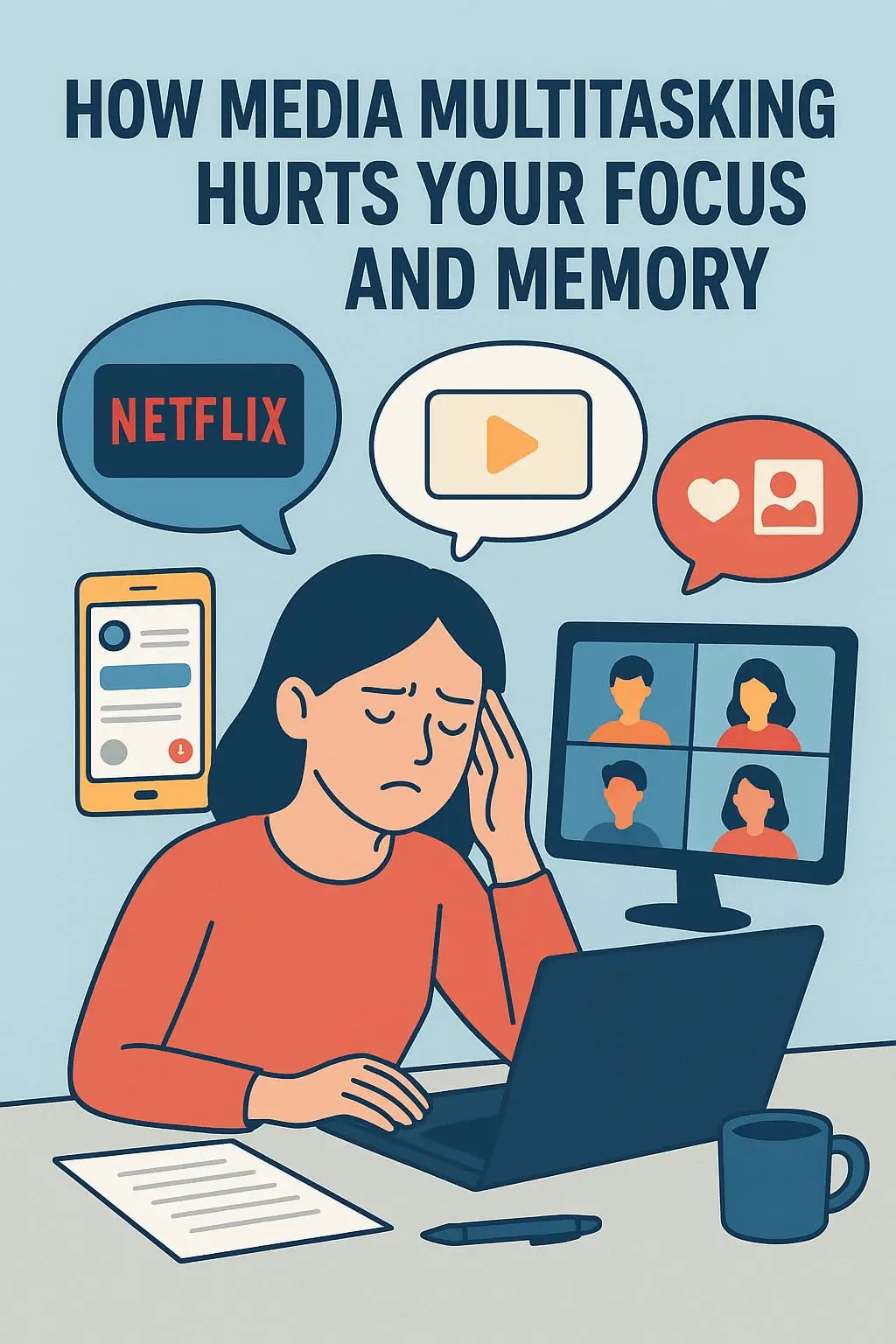 AI image illustration of how media multitasking hurts your focus memory and productivity