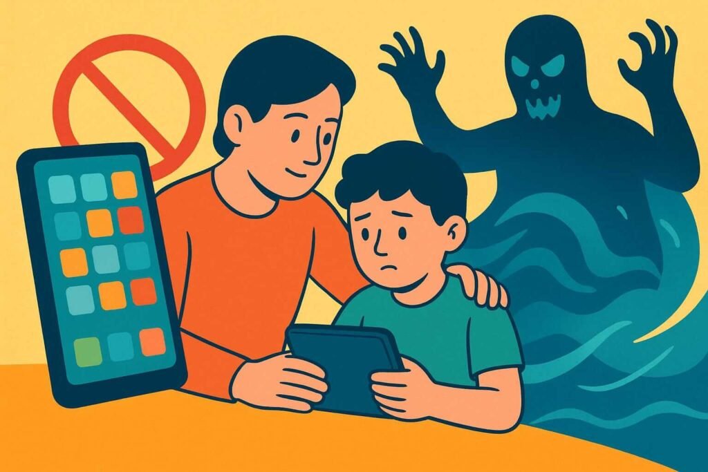 AI image illustration of parenting in the digital age, without rushing freedom too soon.