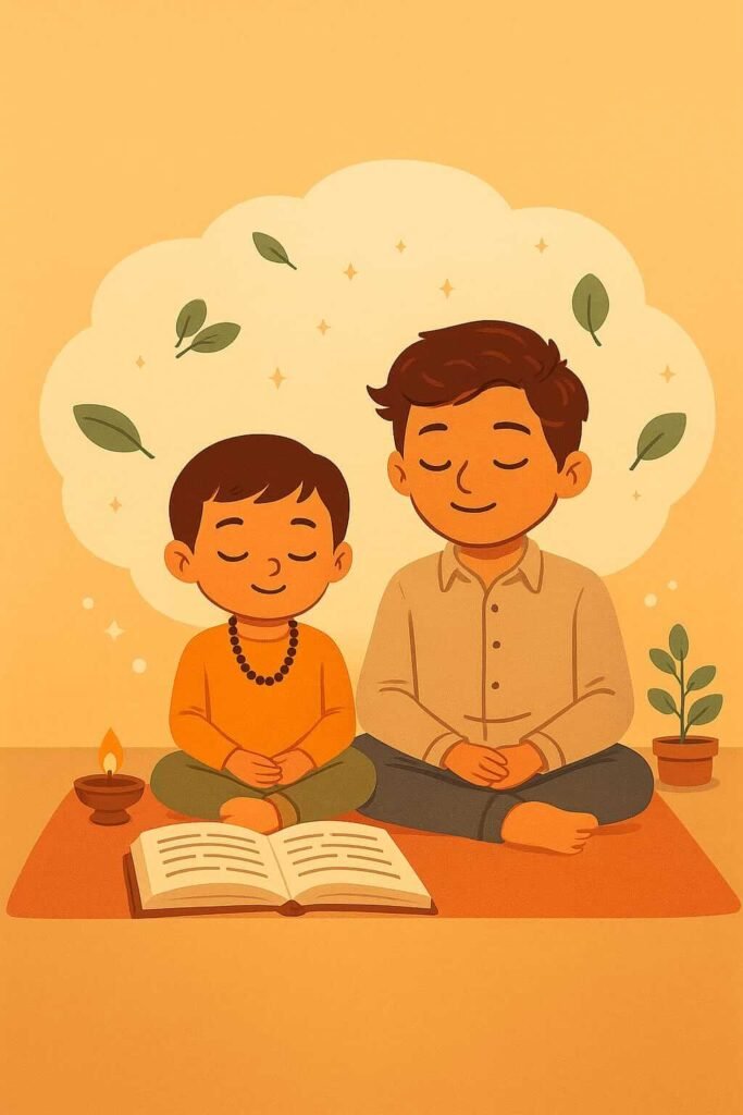 AI illustration of a father and son chanting shlokas, parent leading by example.