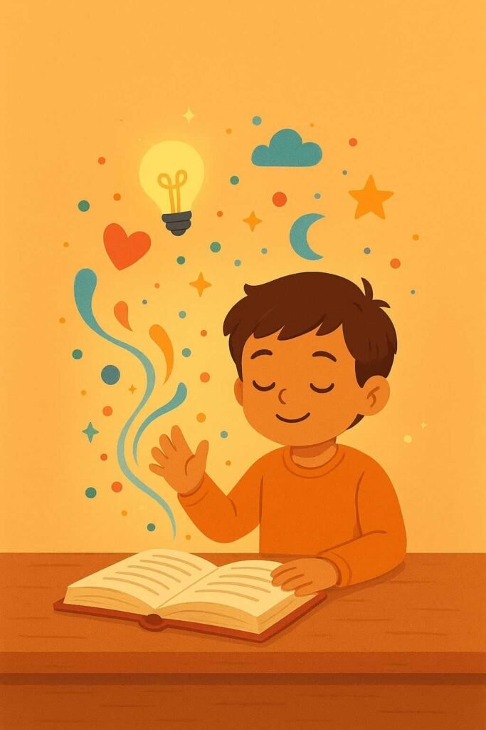 AI illustration of a child feeling cakm after chanting shlokas